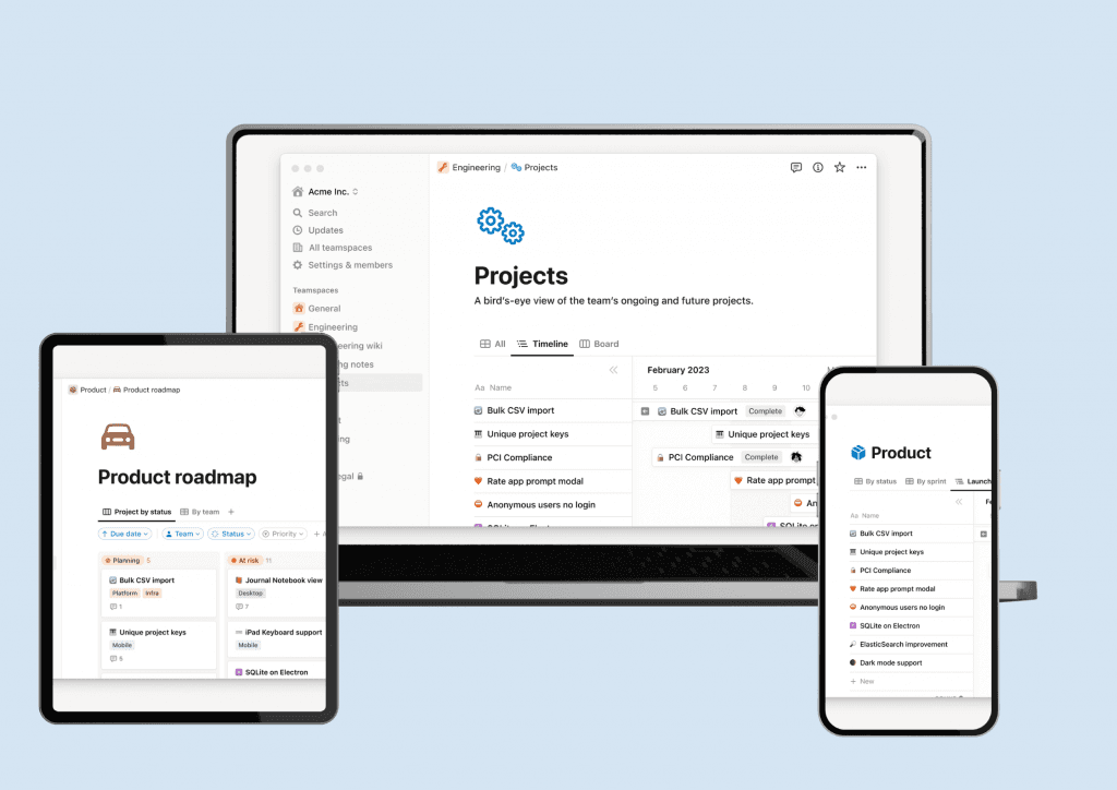 A laptop, tablet, and phone showcasing the Notion project management app interface, emphasizing digital organization tools.